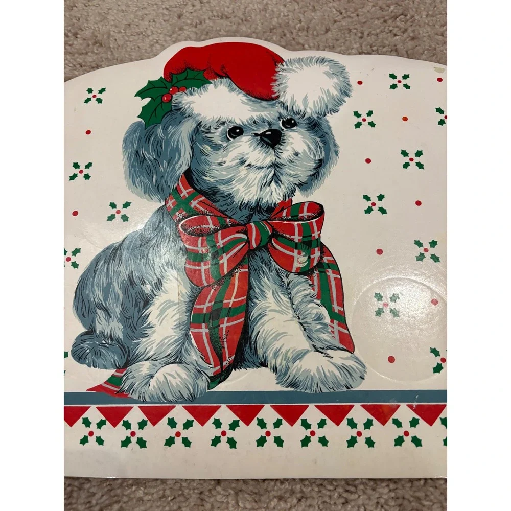 Vintage Christmas Vinyl Placemat Dog With‎ Hat and Bow